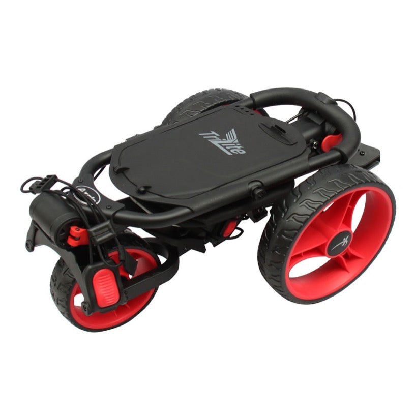 AXGLO TRI-LITE 3 WHEEL GOLF TROLLEY / BLACK & RED / FREE BROLLY HOLDER & DRINK HOLDE
