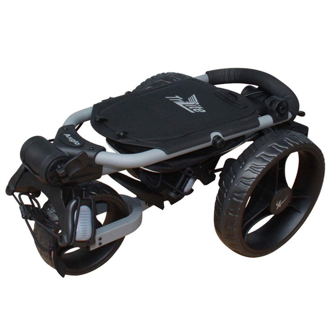 AXGLO TRI-LITE 3 WHEEL GOLF TROLLEY / GREY & BLACK / FREE BROLLY HOLDER & DRINK HOLDE