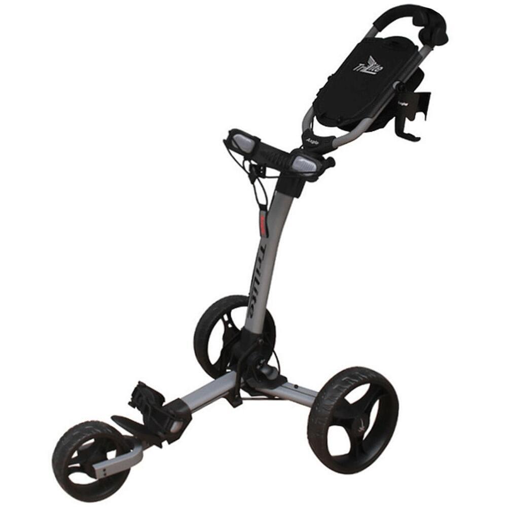 AXGLO TRI-LITE 3 WHEEL GOLF TROLLEY / SILVER & BLACK / FREE BROLLY HOLDER & DRINK HOLDE