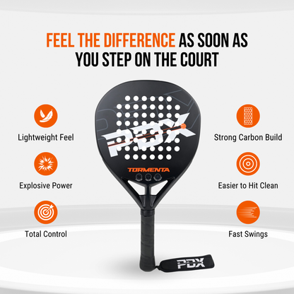 PDX Tormenta Intermediate Padel Racket | Complimentary Racket Carrier Bag | Full Carbon Fibre | 365g Diamond | Power