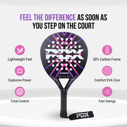 PDX Aurora Beginner Padel Racket | Complimentary Racket Carrier Bag | 30% Carbon 70% Fibreglass | 355g Round | Control