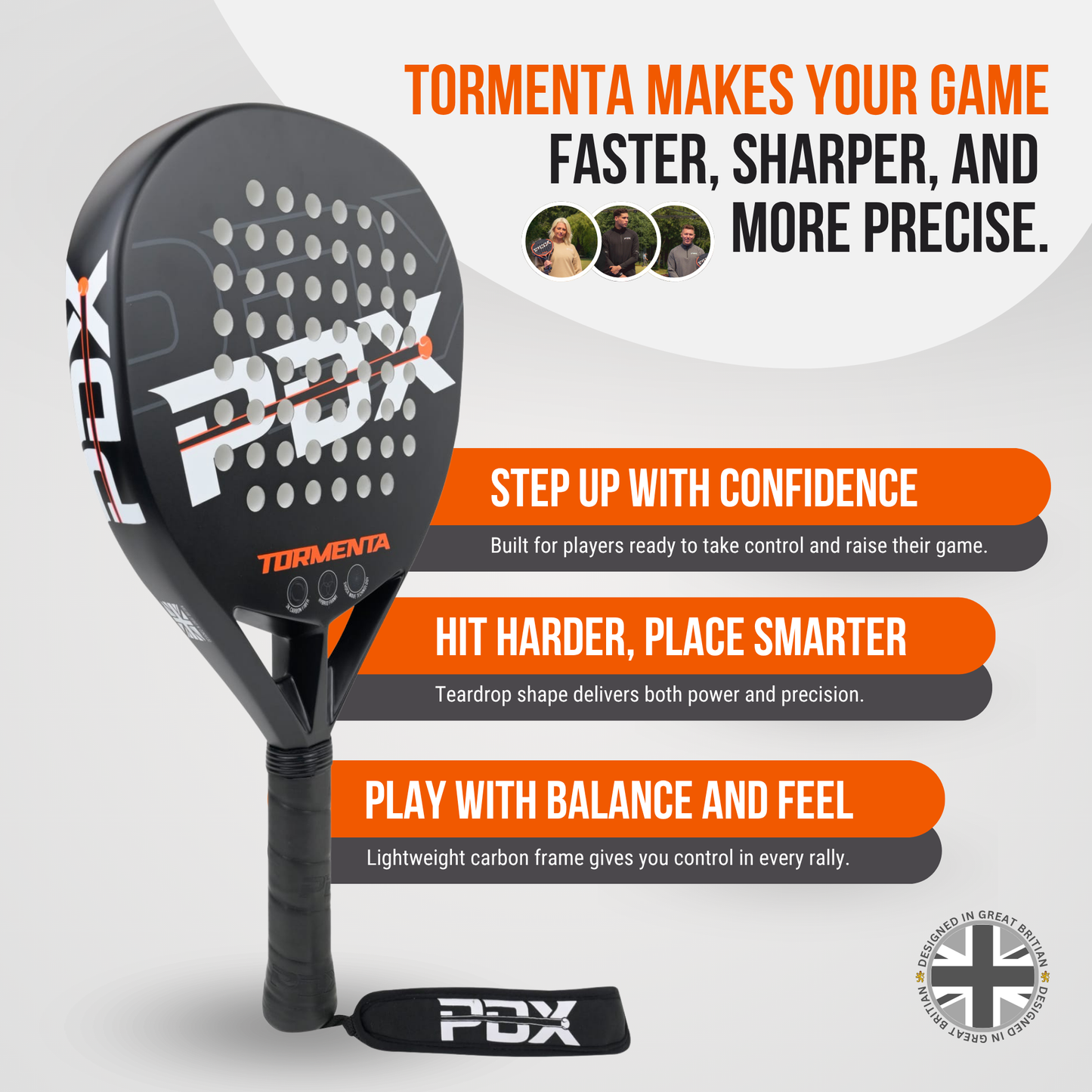 PDX Tormenta Intermediate Padel Racket | Complimentary Racket Carrier Bag | Full Carbon Fibre | 365g Diamond | Power