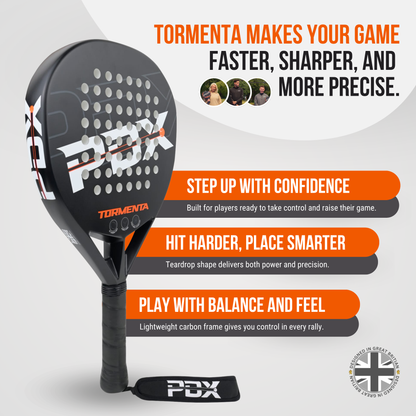 PDX Tormenta Intermediate Padel Racket | Complimentary Racket Carrier Bag | Full Carbon Fibre | 365g Diamond | Power