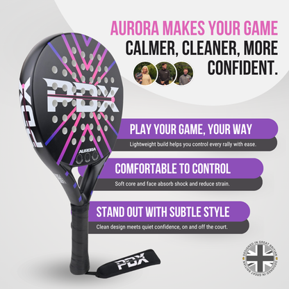 PDX Aurora Beginner Padel Racket | Complimentary Racket Carrier Bag | 30% Carbon 70% Fibreglass | 355g Round | Control