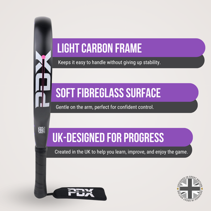 PDX Aurora Beginner Padel Racket | Complimentary Racket Carrier Bag | 30% Carbon 70% Fibreglass | 355g Round | Control