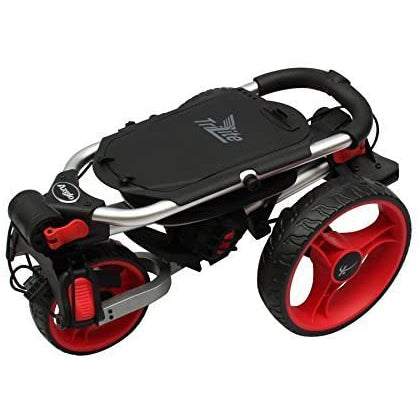 AXGLO TRI-LITE 3 WHEEL GOLF TROLLEY / GREY & RED / FREE BROLLY HOLDER & DRINK HOLDE