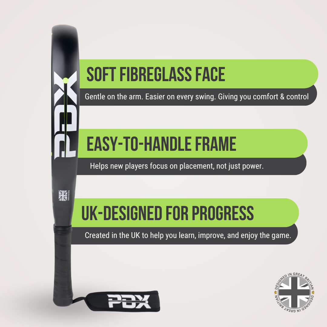 PDX Rayo Beginner Padel Racket | Complimentary Racket Carrier Bag | 30% Carbon 70% Fibreglass | 355g Round | Control
