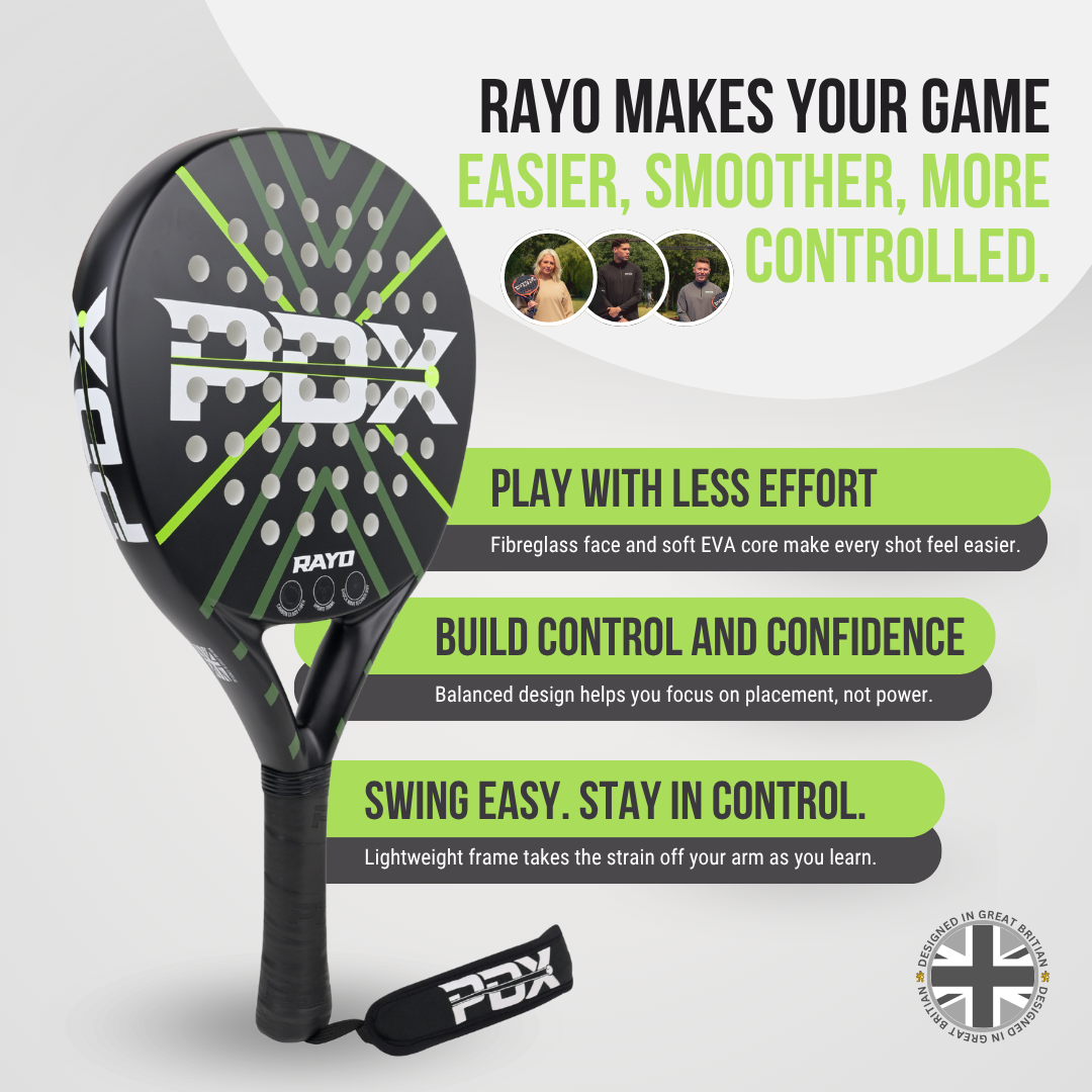 PDX Rayo Beginner Padel Racket | Complimentary Racket Carrier Bag | 30% Carbon 70% Fibreglass | 355g Round | Control