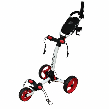 AXGLO TRI-LITE 3 WHEEL GOLF TROLLEY / WHITE & RED / FREE BROLLY HOLDER & DRINK HOLDE