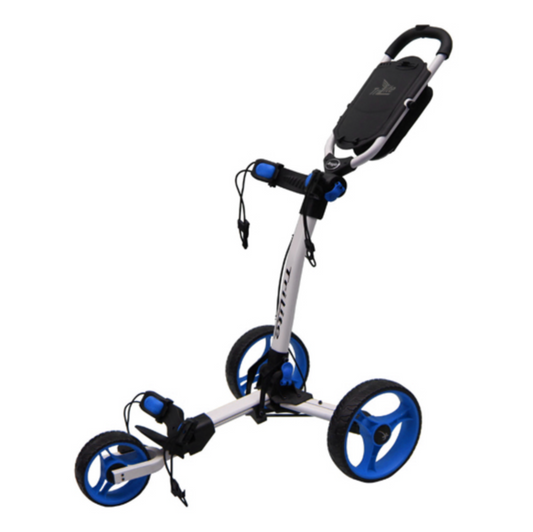 AXGLO TRI-LITE 3 WHEEL GOLF TROLLEY / WHITE & BLUE  / FREE BROLLY HOLDER & DRINK HOLDE