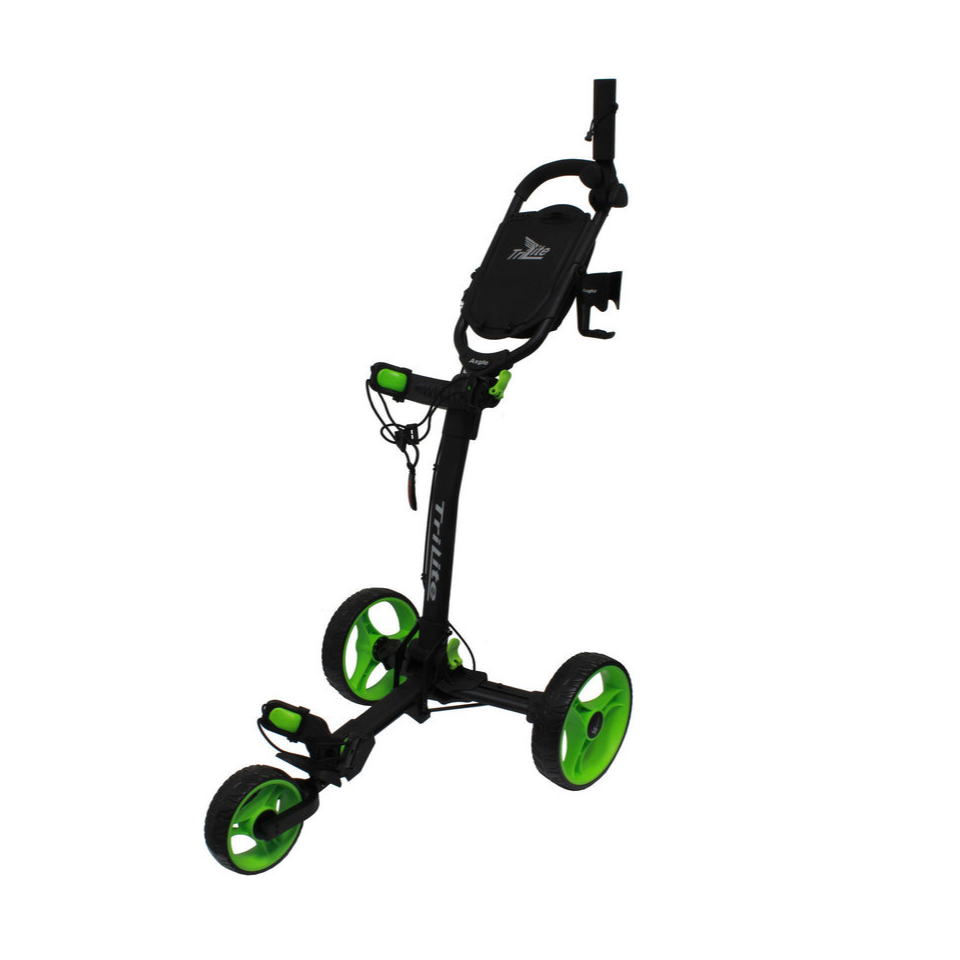 AXGLO TRI-LITE 3 WHEEL GOLF TROLLEY / BLACK & GREEN / FREE BROLLY HOLDER & DRINK HOLDE