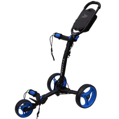 AXGLO TRI-LITE 3 WHEEL GOLF TROLLEY / BLACK & BLUE / FREE BROLLY HOLDER & DRINK HOLDE