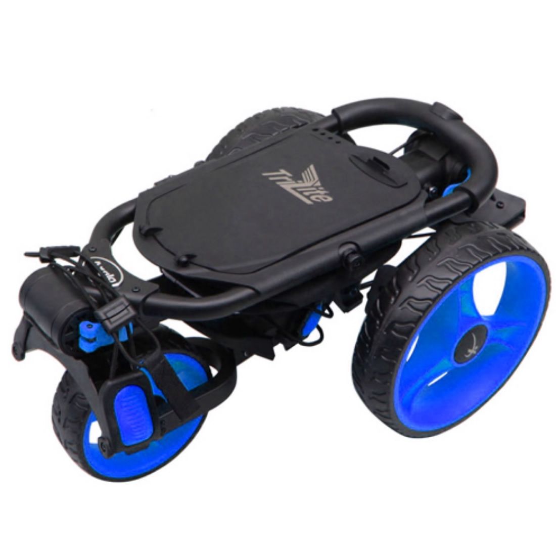 AXGLO TRI-LITE 3 WHEEL GOLF TROLLEY / BLACK & BLUE / FREE BROLLY HOLDER & DRINK HOLDE