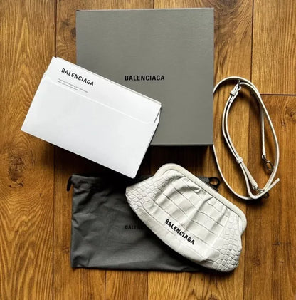 Balenciaga White Croc Clutch Bag With Cross Body Strap